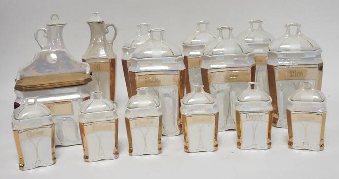 15 PIECE WHITE BLOCK GERMAN LUSTER CANISTER SET: 15 PIECE WHITE BLOCK GERMAN LUSTER CANISTER SET, GOLD TRIM, CRUETS ARE 9 1/2 IN HIGH