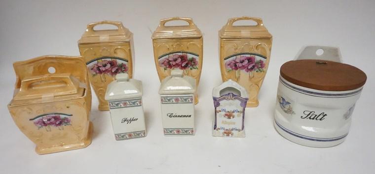 LOT OF 8 MISC CANISTER SET PIECES W/2 SALT BOXES: LOT OF 8 MISC CANISTER SET PIECES W/2 SALT BOXES