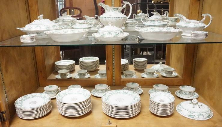91 PIECE JOHN M ADCOCK AND SONS *WARWICK* DINNERWARE: 91 PIECE JOHN M ADCOCK AND SONS *WARWICK* DINNERWARE , SERVICE FOR 12 LESS ONE CUP. ALSO INCLUDS BUTTER PATS, LARGEST PLATE IS 9 IN. ONE EXTRA LID INCLUDED AND NOT IN THE COUNT