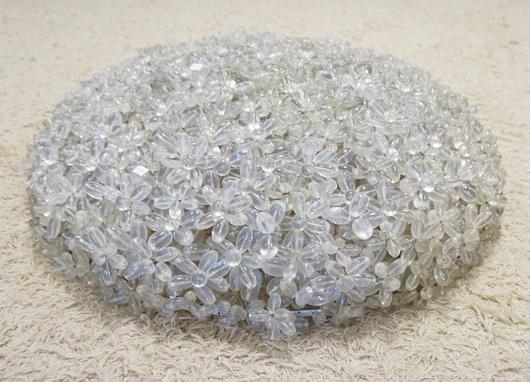 LARGE MIDCENTURY MODERN HANGING DOME SHADE: LARGE MIDCENTURY MODERN HANGING DOME SHADE WITH LAYERED PLEXIGLASS FLOWERS, HAS A METAL FRAME WITH 3 HOOKS FOR HANGING, APPROXIMATELY 39 IN IN DIAMETER