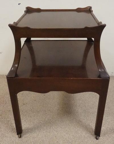 MAHOGANY LAMP TABLE WITH UNUSUAL PULL OUT DRAWER: MAHOGANY LAMP TABLE WITH UNUSUAL PULL OUT DRAWER, 21 IN SQUARE, 28 1/4 IN HIGH
