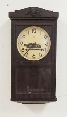 SEIKOSHA WALL CLOCK WITH ADVERTISING: SEIKOSHA WALL CLOCK WITH ADVERTISING, AD FOR MARVEL - SCHEBLER CARBURATER, 10 IN WIDE, 20 1/2 IN HIGH