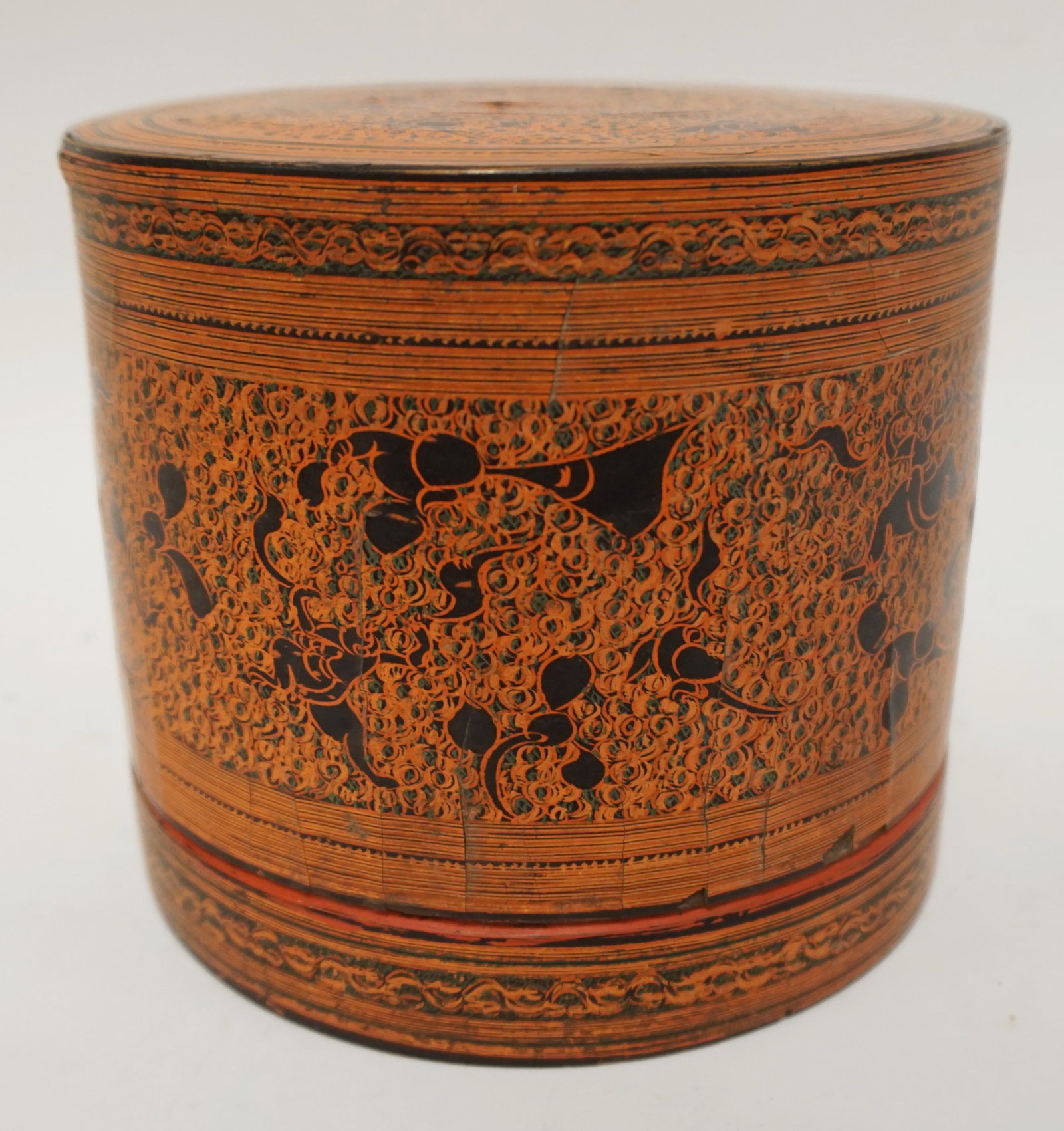BURMESE LACQUERED BETEL BOX: BURMESE LACQUERED BETEL BOX, 6 1/2 IN X 5 1/4 IN