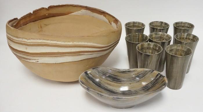 DANISH & ITALIAN POTTERY LOT: DANISH & ITALIAN POTTERY LOT, SVEND BAYER LARGE OVAL BOWL & ITALIAN TUMBLERS & BOWL FOR NEIMAN MARCUS