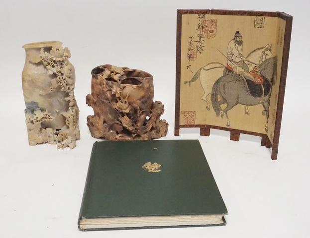 4 PIECE ASIAN LOT: 4 PIECE ASIAN LOT, 2 CARVED SOAPSTONE VASES, TALLEST AS IS & 9 1/2 IN HIGH, CHINESE ART BOOK BY RL HOBSON, & A MINI SCREEN, 12 1/4 IN HIGH