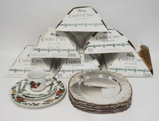 LOT-CADES COVE DINNERWARE & GODINGER METAL PLATES: LOT-CADES COVE DINNERWARE & GODINGER METAL PLATES, 7-4 PIECE PLACE SETTINGS CADES COVE, 6 BOXED & 12 GODINGER 11 3/4 IN METAL PLATES