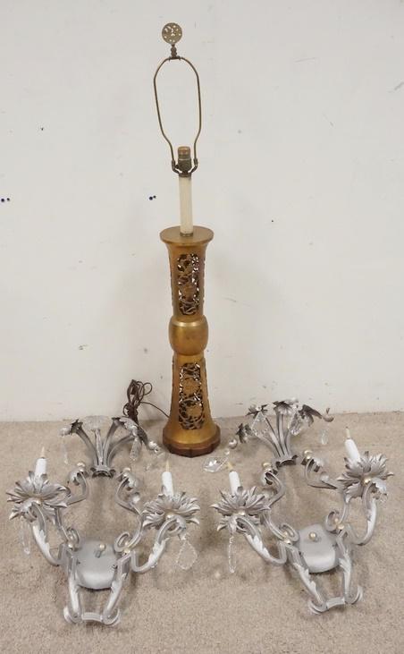 LIGHTING LOT-PAIR OF IRON SCONCES & BRASS LAMP: LIGHTING LOT-PAIR OF IRON SCONCES & BRASS LAMP, SCONCES HAVE CUT PRISMS, 28 IN HIGH, LAMP IS 45 1/2 IN HIGH