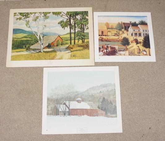 LOT OF 3 ART POSTERS BY NEW YORK GRAPHIC SOCIETY: LOT OF THREE ART POSTERS OF NEW YORK GRAPHIC SOCIETY OF BARNS/FARM SCENES. LOT INCLUDES *THE RESIDENCE OF DAVID TWINING 1787* BY EDWARD HICKS COPYRIGHT DATED 1980, *A WAITING SPRING* BY HERBERT LUCAS