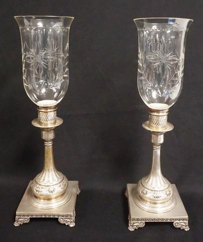 PAIR OF ANTIQUE ENGLISH SILVER PLATE HURRICANE CANDLE: PAIR OF ANTIQUE ENGLISH SILVER PLATE HURRICANE CANDLE STICKS, SHADE W/RIM CHIP, 19 1/2 IN HIGH