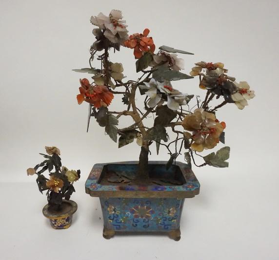 2 CARVED STONE TREES IN CLOISONNE HOLDERS (1 of 7)
