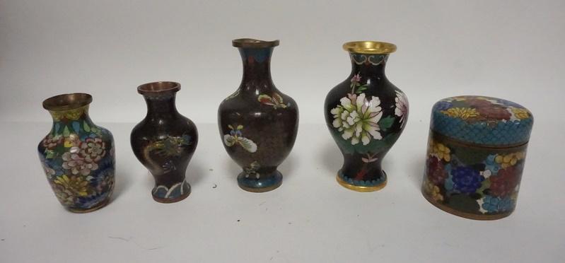 5 CLOISONNE PIECES-4 VASES & A JAR (1 of 4)