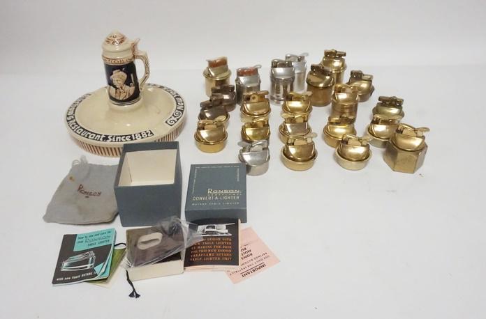 LOT INCLUDING ADVERTISING ASHTRAY,LIGHTERS ETC.: LOT INCLUDING A STIEN ASHTRAY FROM A FAMOUS NEW YORK RESTAURANT CALLED LUCHOWS THAT CLOSED IN THE 70S, LOT OF LIGHTERS, RONSON BOX & ENVELOPE ETC.