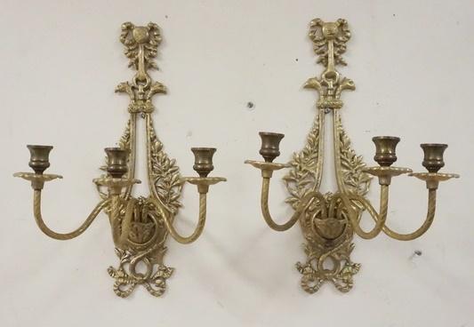 PAIR OF ORNATE BRASS 3 LIGHT SCONCES (1 of 5)