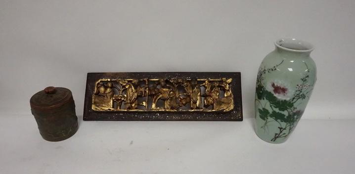 3 PIECE ASIAN LOT INCLUDING A DECORATED CELADON VASE (1 of 4)