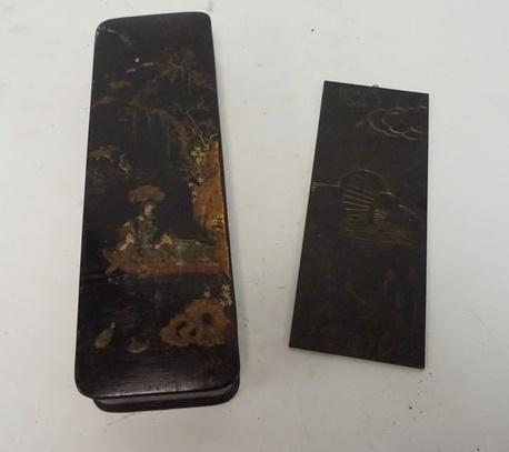 ASIAN LACQUERED BOX & AN ENGRAVED BRASS PLAQUE (1 of 2)