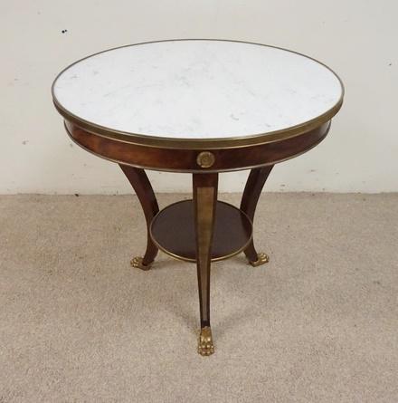INSET MARBLE TOP TABLE: INSET MARBLE TOP TABLE WITH BRONZE TRIM AND HEAVY CAST DETAILED BRONZE PAW FEET, 29 IN X 29 IN
