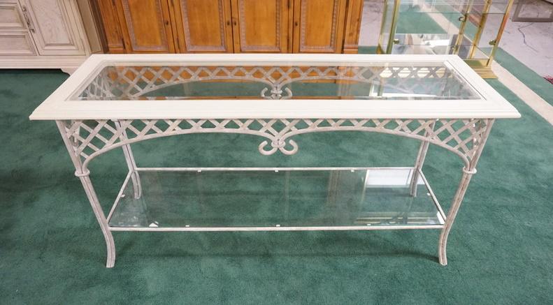 BEVELED GLASS INSET SOFA TABLE: BEVELED GLASS INSET SOFA TABLE WITH LATTICE WORK METAL TABLE BASE, 54 IN X 18 IN X 27 IN HIGH