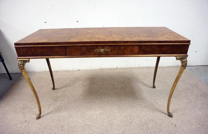 BURLED WOOD WRITING TALE: BURLED WOOD 1 DRAWER WRITING TABLE WITH BRASS CABRIOLE LEGS, 47 1/2 IN X 17 1/2 IN X 28 1/2 IN HIGH