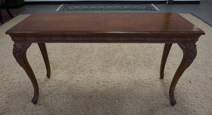 SOFA TABLE W/ CABRIOLE LEGS/SURFACE: SOFA TABLE W/ CABRIOLE LEGS/SURFACE. HAS WEAR TO TOP. 54 IN X 19 1/4 IN, 29 1/4 IN H