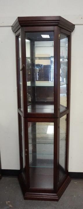 NARROW BEVELED CURIO CABINET: NARROW BEVELED CURIO CABINET. 26 IN X 12 IN, 70 IN H
