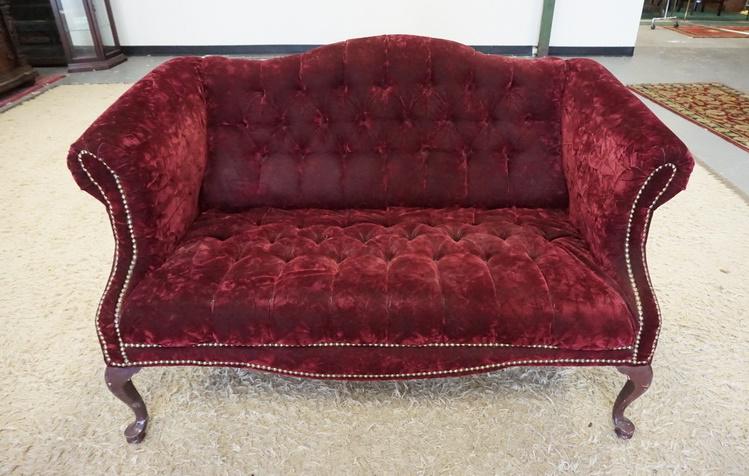 RED VELOUR TUFTED BACK LOVE SEAT (1 of 2)