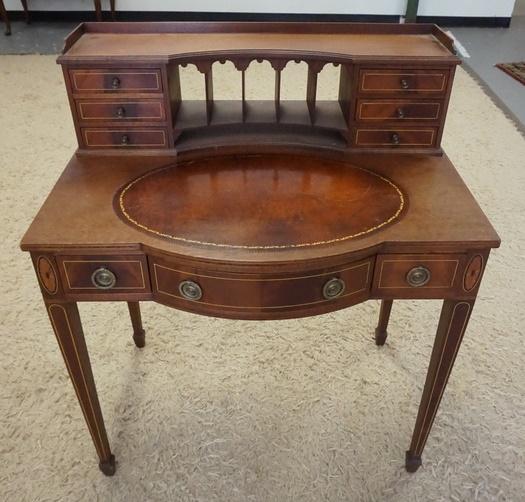 MAHOGANY LEATHER TOP LADIES WRITING DESK: MAHOGANY LEATHER TOP LADIES WRITING DESK. BACK BOARD & DRAWER BACK ARE MISSING. 32 IN X 21 1/2 IN, 39 IN H