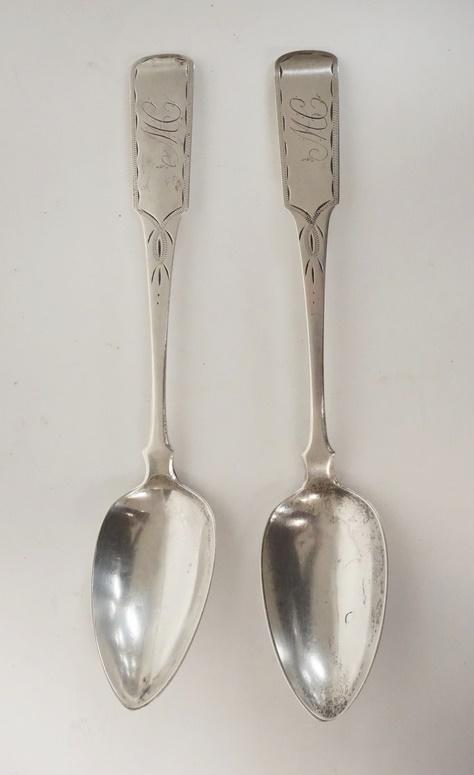 PAIR OF B WENMAN COIN SILVER TABLE SPOONS (1 of 2)