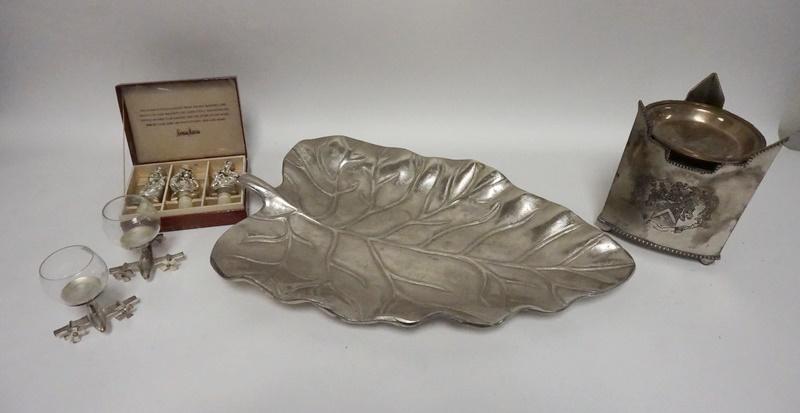DECORATIVE ACCENT LOT: DECORATIVE ACCENT LOT INCLUDING LARGE ALUMNIUM TRAY 20 1/4 IN X 12 1/2 IN. A SILVER PLATE STAND & MONKEY WINE BOTTLE STOPPERS.