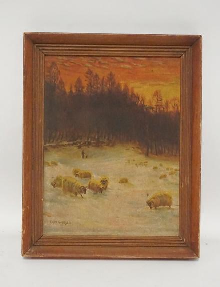 SIGNED OIL ON CARDBOARD OF SHEEP IN A SNOWY FIELD (1 of 2)