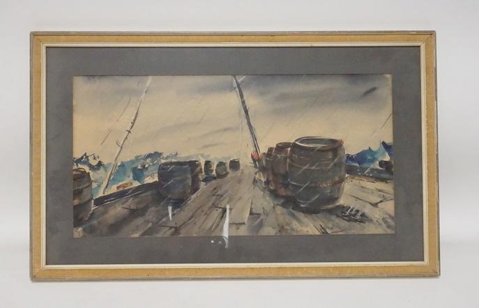 WATERCOLOR *THE STORM* BY MIRIAM JAMESIN: WATERCOLOR *THE STORM* BY MIRIAM JAMESIN, LONPORT NEW JERSEY INFO IS PENCILED ON REVERSE. 23 IN X 14 IN INCLUDING FRAME