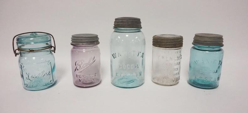 5 CANNING JARS INCL. FRENCH'S MUSTARD: FIVE CANNING JARS INCLUDING FRENCH'S MUSTARD WANETA COCOA, 4 W/ ZINC LIDS ONE W/ GLASS LID TALLEST IS 7 IN