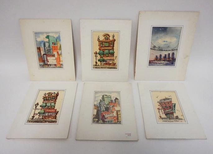 SIX STANLEY BRODEY SMALL WATERCOLORS: SIX STANLEY BRODEY SMALL WATERCOLORS AMERICAN ARTIST 1920-2001 IMAGES ARE 3 3/4 IN X 5 1/2 IN