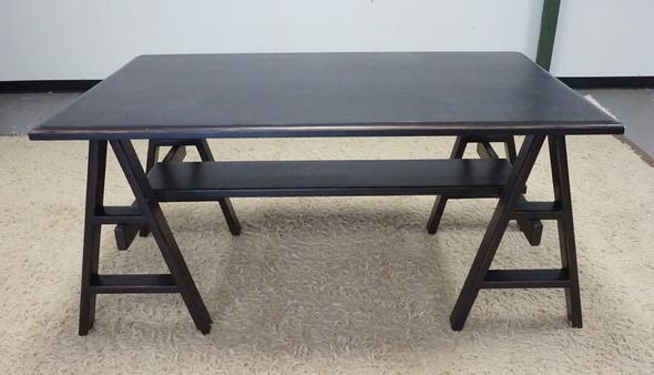 STUDIO DESK W/SAW HORSE STRETCHER BASE: STUDIO DESK W/SAW HORSE STRETCHER BASE, SOME WEAR TO TOP, 62 IN X 8 IN X 30 IN HIGH