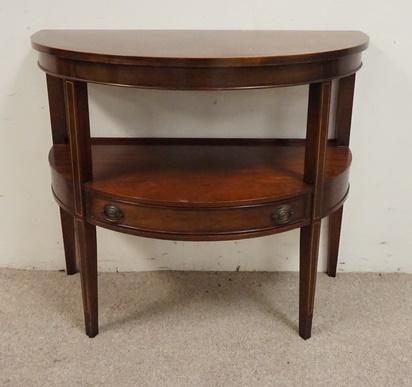 MAHOGANY ONE DRAWER BANDED 2 TIER DEMI LUNE: MAHOGANY ONE DRAWER BANDED 2 TIER DEMI LUNE, 34 IN X 17 IN X 30 IN