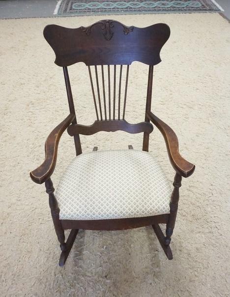 OAK SPINDLE BACK UPHOLSTERED SEAT ROCKER (1 of 2)