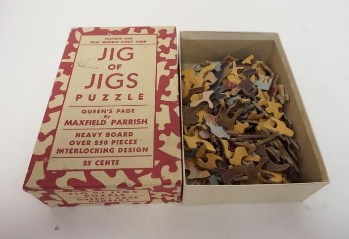 JIG OF JIGS HEAVY BOARD JIG SAW PUZZLE: JIG OF JIGS HEAVY BOARD JIG SAW PUZZLE, QUEENS PAGE BY MAXFIELD PARISH, NUMBER OF PIECES UNCERTAIN