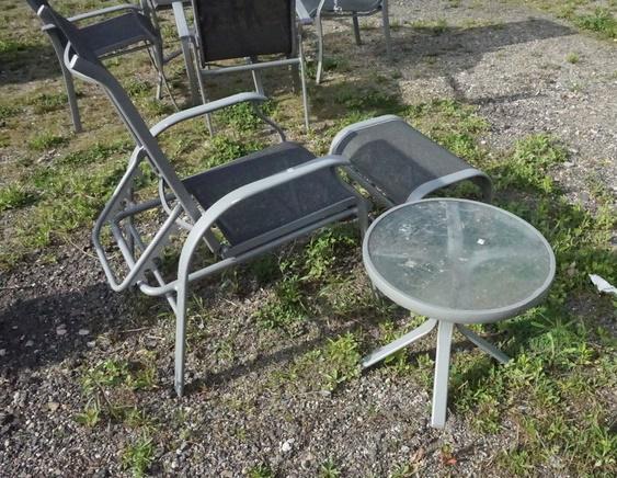 RECLINING PATIO ARM CHAIR, STOOL & GLASS TOP TABLE: RECLINING PATIO ARM CHAIR, STOOL & GLASS TOP TABLE