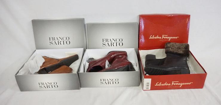 LOT OF 3 PAIRS OF LADIES BOOTS IN ORIGINAL BOXES: LOT OF THREE PAIRS OF LADIES BOOTS IN ORIGINAL BOXES. TWO ARE FRANCO STARTO SIZE 7 & ONE IS SALVATORE FEEAGAMO SIZE 7 1/2.