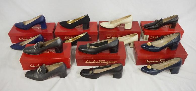LOT OF 7 PAIRS OF WOMENS SALVATORE FERRAGAMO SHOES: LOT OF 7 PAIRS OF WOMENS SALVATORE FERRAGAMO SHOES IN ORIGINAL BOXES. ALL ARE SIZE 7 1/2. VARYING DEGREES OF WEAR. AS FOUND.