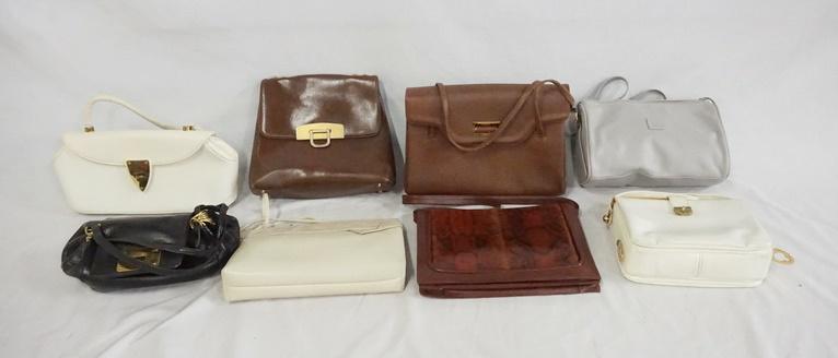 LOT OF 8 PURSES: LOT OF EIGHT PURSES. LOT INCLUDES KORET, ANNE KLIEN, SALVATORE FERRAGAMO & CALDERON. VARYING DEGREES OF WEAR. AS FOUND.