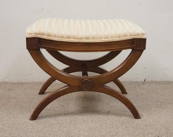 STOOL W/CARVED FLORAL ROSETTES, UPHOLSTERED: STOOL W/CARVED FLORAL ROSETTES, UPHOLSTERED, 22 1/2 IN X 15 IN X 19 IN HIGH