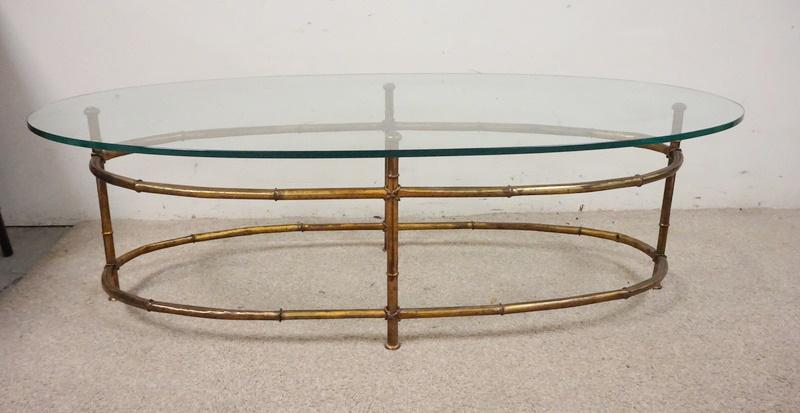 OVAL GLASS TOP COFFEE TABLE, IRON BASE (1 of 2)