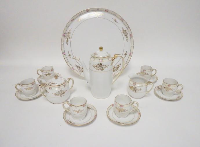 HAND PAINTED NIPPON 16 PIECE DEMITASSE SET: HAND PAINTED NIPPON 16 PIECE DEMITASSE SET, GREEN WREATH MARK, TRAY IS 11 7/8 IN, POT IS 7 IN HIGH