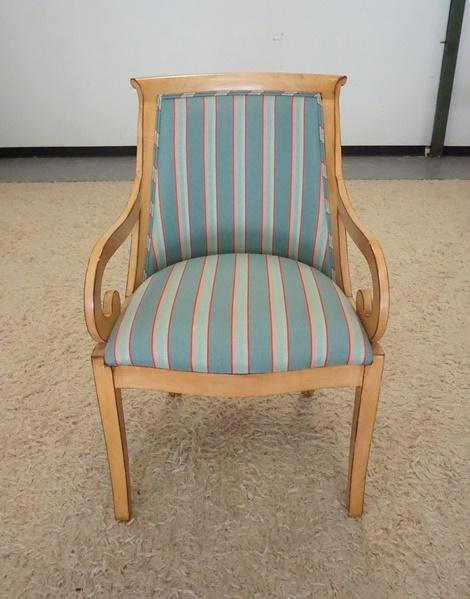 SCROLL ARM CHAIR W/ STRIPED UPHOLSTERY: SCROLL ARM CHAIR W/ STRIPED UPHOLSTERY. 22 1/2 IN W, 36 1/4 IN H