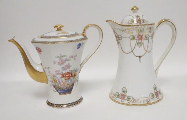 2 PIECE LOT INCLUDING THEODORE HAVILAND, NIPPON: TWO PIECE LOT INCLUDES A THEODORE HAVILAND DEMITASSE POT & A HAND PAINTED NIPPON CHOCOLATE POT. TALLEST IS 9 IN