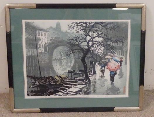 PENCIL SIGNED JAPANESE LIMITED EDITION PRINT: PENCIL SIGNED JAPANESE LIMITED EDITION PRINT, CITY SCENE IN A RAIN STORM, #73 OF 200, 25 IN X 10 1/2 IN INCLUDING FRAME
