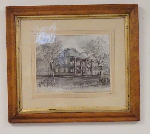 PRINT OF A LARGE HOUSE W/HORSES TETHERED IN FRONT: PRINT OF A LARGE HOUSE W/HORSES TETHERED IN FRONT, APPEARS TO BE PENCIL SIGNED UNDER THE MAT, MAPLE FRAME W/GOLD LINER, 20 IN X 17 3/4 IN INCLUDING FRAME