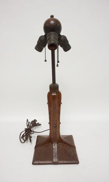 SIGNED STICKLEY WORKSHOPS OAK TABLE LAMP: SIGNED STICKLEY WORKSHOPS OAK TABLE LAMP, HAS CALIPER MARK, 22 1/2 IN HIGH