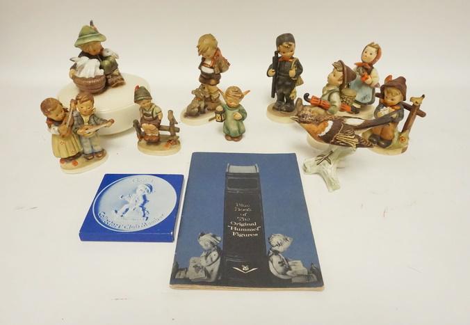HUMMEL & GOEBEL LOT: HUMMEL & GOEBEL LOT, 9 HUMMEL FIGURES INCLUDING A COVERED JAR, HUMMEL MEDALLION, HUMMEL BOOKS & GOEBEL BIRD