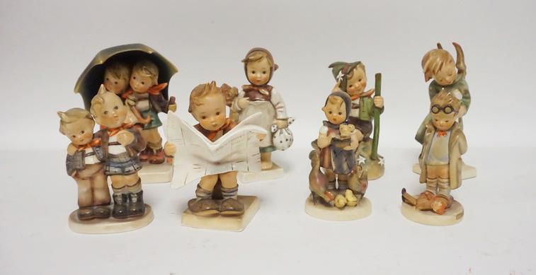 GROUP OF 8 HUMMEL FIGURES: GROUP OF 8 HUMMEL FIGURES W/STORMY WEATHER, TALLEST IS 6 IN